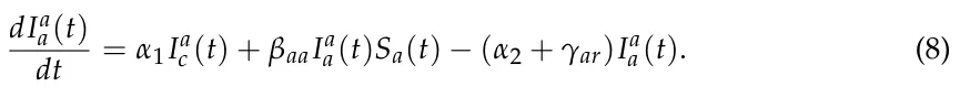 dIa a(t) dt = α1Ia c (t) + βaaIa a(t)Sa(t) −(α2 + γar)Ia a(t). (8)