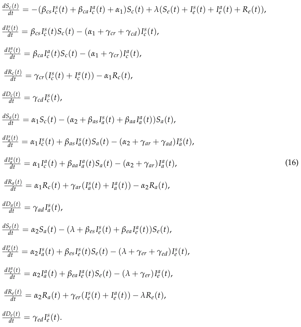 dSc(t) dt = −(βcsIs c(t) + βcaIa c (t) + α1)Sc(t) + λ(Se(t) + Is e(t) + Ia e (t) + Re(t)), dIsc(t) dt = βcsIs c(t)Sc(t) −(α1 + γcr + γcd)Is c(t), dIac (t) dt = βcaIa c (t)Sc(t) −(α1 + γcr)Ia c (t), dRc(t) dt = γcr(Is c(t) + Ia c (t)) −α1Rc(t), dDc(t) dt = γcdIs c(t), dSa(t) dt = α1Sc(t) −(α2 + βasIs