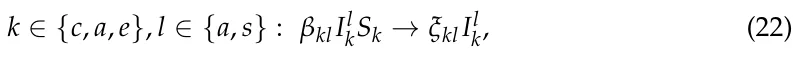 k ∈{c, a, e}, l ∈{a, s} : βklIl kSk →ξklIl k, (22)
