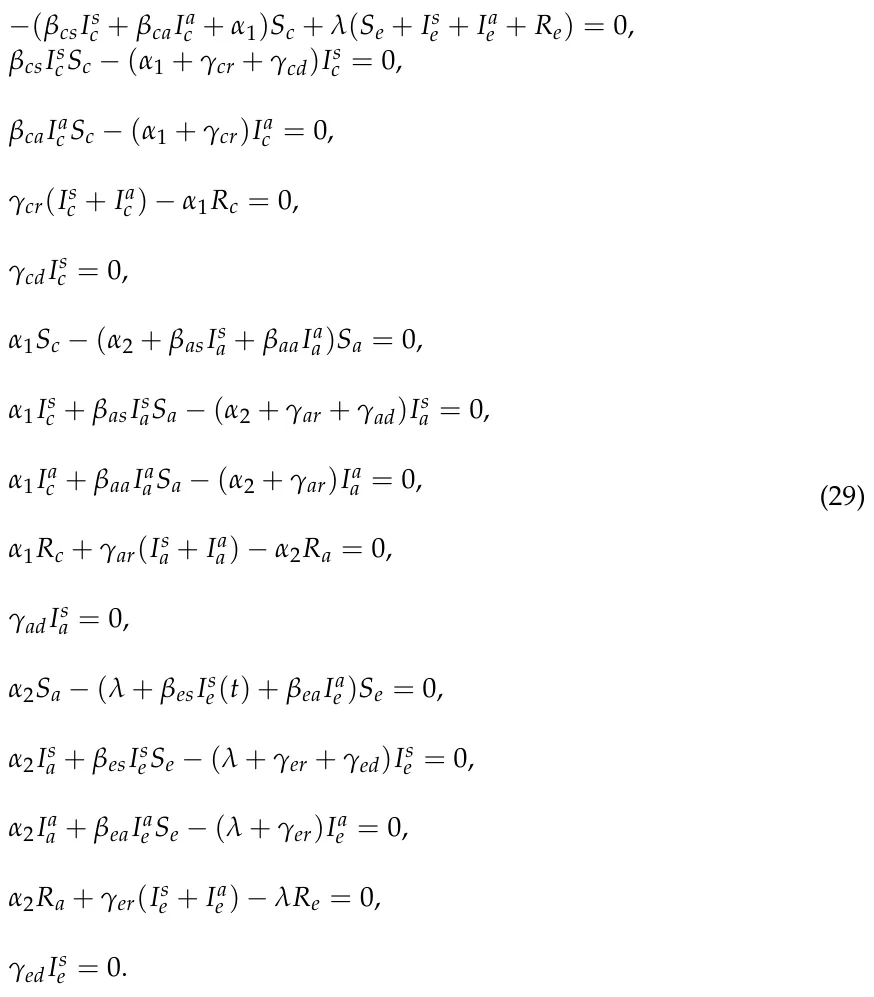 −(βcsIs c + βcaIa c + α1)Sc + λ(Se + Is e + Ia e + Re) = 0, βcsIs cSc −(α1 + γcr + γcd)Is c = 0, βcaIa c Sc −(α1 + γcr)Ia c = 0, γcr(Is c + Ia c ) −α1Rc = 0, γcdIs c = 0, α1Sc −(α2 + βasIs a + βaaIa a)Sa = 0, α1Is c + βasIs aSa −(α2 + γar + γad)Is a = 0, α1Ia c + βaaIa aSa −(α2 + γar)Ia a = 0, α1Rc 