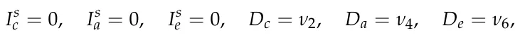 Is c = 0, Is a = 0, Is e = 0, Dc = ν2, Da = ν4, De = ν6,