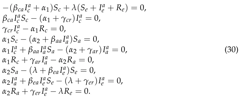 −(βcaIa c + α1)Sc + λ(Se + Ia e + Re) = 0, βcaIa c Sc −(α1 + γcr)Ia c = 0, γcrIa c −α1Rc = 0, α1Sc −(α2 + βaaIa a)Sa = 0, α1Ia c + βaaIa aSa −(α2 + γar)Ia a = 0, α1Rc + γarIa a −α2Ra = 0, α2Sa −(λ + βeaIa e )Se = 0, α2Ia a + βeaIa e Se −(λ + γer)Ia e = 0, α2Ra + γerIa e −λRe = 0. (30)
