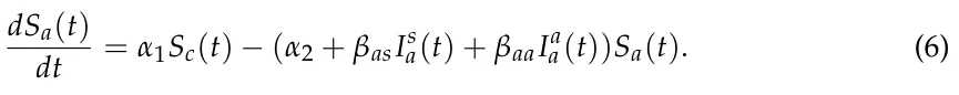 dSa(t) dt = α1Sc(t) −(α2 + βasIs a(t) + βaaIa a(t))Sa(t). (6)