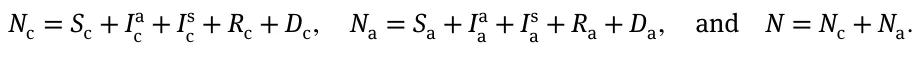 Nc = Sc + Ia c + Is c + Rc + Dc, Na = Sa + Ia a + Is a + Ra + Da, and N = Nc + Na.