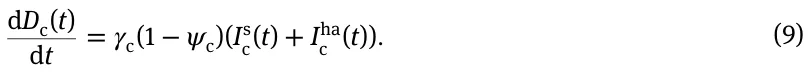 dDc(t) dt = 𝛾c(1 −𝜓c)(Is c(t) + Iha c (t)). (9)