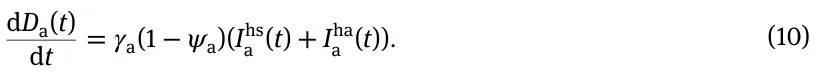 dDa(t) dt = 𝛾a(1 −𝜓a)(Ihs a (t) + Iha a (t)). (10)