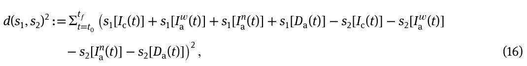 d(s1, s2)2 := Σ t f t=t0 (s1[Ic(t)] + s1[I𝑤 a (t)] + s1[In a(t)] + s1[Da(t)] −s2[Ic(t)] −s2[I𝑤 a (t)] −s2[In a(t)] −s2[Da(t)] )2 , (16)