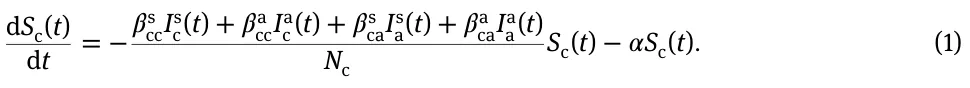 dSc(t) dt = −𝛽s ccIs c(t) + 𝛽a ccIa c(t) + 𝛽s caIs a(t) + 𝛽a caIa a(t) Nc Sc(t) −𝛼Sc(t). (1)