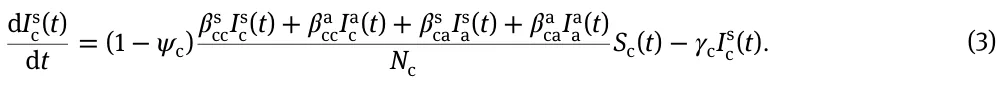 dIs c(t) dt = (1 −𝜓c)𝛽s ccIs c(t) + 𝛽a ccIa c(t) + 𝛽s caIs a(t) + 𝛽a caIa a(t) Nc Sc(t) −𝛾cIs c(t). (3)