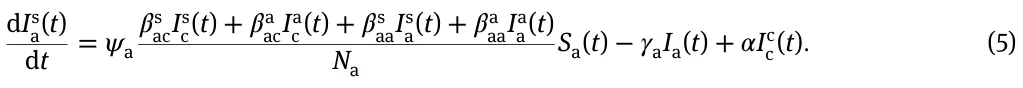 dIs a(t) dt = 𝜓a 𝛽s acIs c(t) + 𝛽a acIa c(t) + 𝛽s aaIs a(t) + 𝛽a aaIa a(t) Na Sa(t) −𝛾aIa(t) + 𝛼Ic c(t). (5)