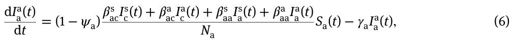 dIa a(t) dt = (1 −𝜓a)𝛽s acIs c(t) + 𝛽a acIa c(t) + 𝛽s aaIs a(t) + 𝛽a aaIa a(t) Na Sa(t) −𝛾aIa a(t), (6)