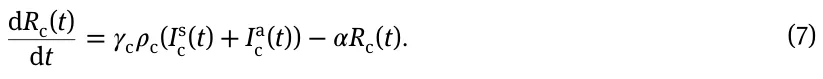dRc(t) dt = 𝛾c𝜌c(Is c(t) + Ia c(t)) −𝛼Rc(t). (7)