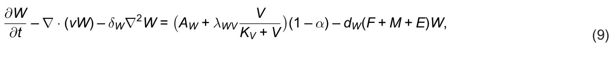∂W ∂t – ∇· (vW) – δW∇2W = ( AW + λWV V KV + V ) (1 – α) – dW(F + M + E)W, (9)