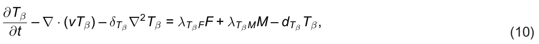 ∂Tβ ∂t – ∇· (vTβ) – δTβ∇2Tβ = λTβFF + λTβMM – dTβTβ, (10)