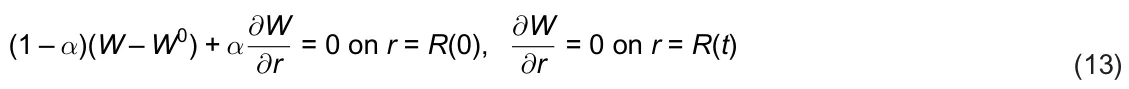 (1 – α)(W – W0) + α∂W ∂r = 0 on r = R(0), ∂W ∂r = 0 on r = R(t) (13)