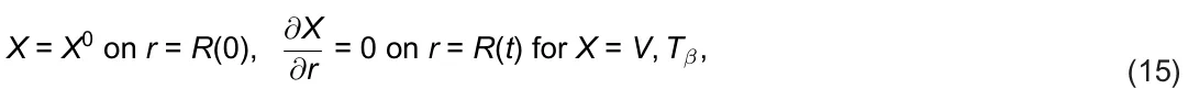 X = X0 on r = R(0), ∂X ∂r = 0 on r = R(t) for X = V, Tβ, (15)