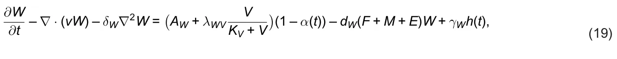 ∂W ∂t – ∇· (vW) – δW∇2W = ( AW + λWV V KV + V ) (1 – α(t)) – dW(F + M + E)W + γWh(t), (19)