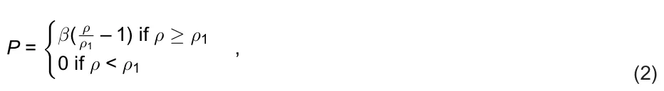P = { β( ρ ρ1 – 1) if ρ ≥ρ1 0 if ρ < ρ1 , (2)
