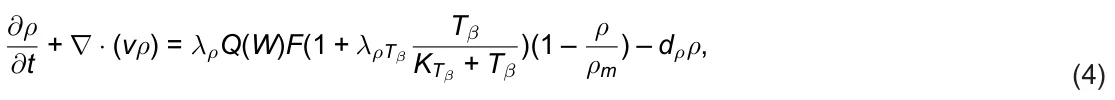 ∂ρ ∂t + ∇· (vρ) = λρQ(W)F(1 + λρTβ Tβ KTβ + Tβ )(1 – ρ ρm ) – dρρ, (4)