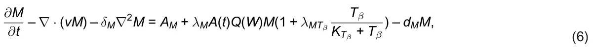 ∂M ∂t – ∇· (vM) – δM∇2M = AM + λMA(t)Q(W)M(1 + λMTβ Tβ KTβ + Tβ ) – dMM, (6)
