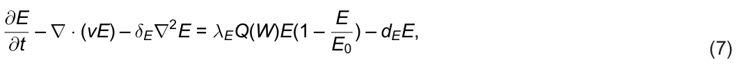 ∂E ∂t – ∇· (vE) – δE∇2E = λEQ(W)E(1 – E E0 ) – dEE, (7)