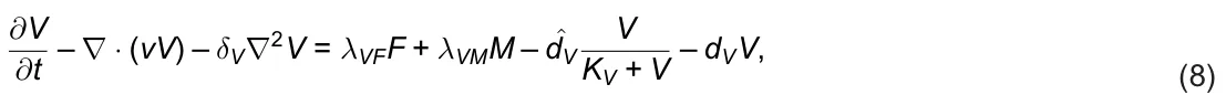∂V ∂t – ∇· (vV) – δV∇2V = λVFF + λVMM – ˆdV V KV + V – dVV, (8)