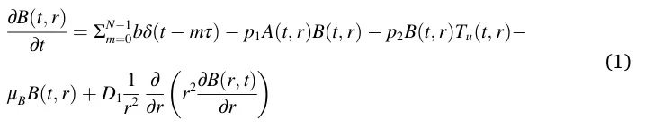 ∂B(t, r) ∂t = ΣN−1 m=0bδ(t −mτ) −p1A(t, r)B(t, r) −p2B(t, r)Tu(t, r)− μBB(t, r) + D1 1 r2 ∂ ∂r ( r2∂B(r, t) ∂r ) (1)