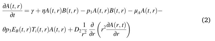 ∂A(t, r) ∂t = γ + ηA(t, r)B(t, r) −p1A(t, r)B(t, r) −μAA(t, r)− θp3EB(t, r)Ti(t, r)A(t, r) + D2 1 r2 ∂ ∂r ( r2∂A(r, t) ∂r ) (2)