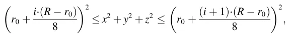 r0 + i⋅(R −r0) 8 )2 ≤x2 + y2 + z2 ≤ r0 + (i + 1)⋅(R −r0) 8 )2 ,