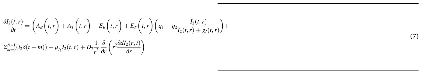 ∂I2(t, r) ∂t = ( AB ( t, r ) + AT ( t, r ) + EB ( t, r ) + ET ( t, r )( q1 −q2 I2(t, r) I2(t, r) + gI(t, r) ) + ΣN−1 m=0(i2δ(t −m)) −μI2I2(t, r) + D7 1 r2 ∂ ∂r ( r2∂dI2(r, t) ∂r ) (7)