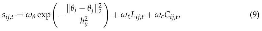sij,t = ωθ exp −∥θi −θj∥2 2 h2 θ ! + ωℓLij,t + ωcCij,t, (9)