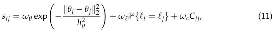 sij = ωθ exp −∥θi −θj∥2 2 h2 θ ! + ωℓ⊮{ℓi = ℓj} + ωcCij, (11)