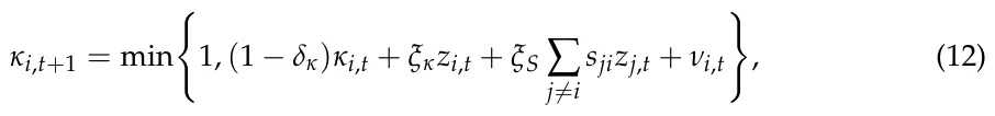 κi,t+1 = min ( 1, (1 −δκ)κi,t + ξκzi,t + ξS ∑ j/=i sjizj,t + νi,t ) , (12)