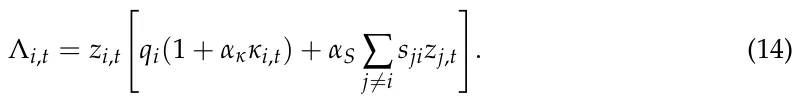 Λi,t = zi,t " qi(1 + ακκi,t) + αS ∑ j/=i sjizj,t # . (14)