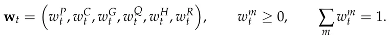 wt = wP t , wC t , wG t , wQ t , wH t , wR t , wm t ≥0, ∑ m wm t = 1.