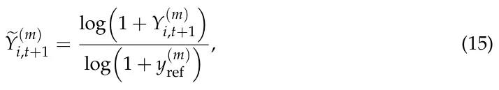 eY(m) i,t+1 = log 1 + Y(m) i,t+1 log 1 + y(m) ref , (15)