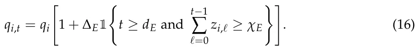 qi,t = qi " 1 + ∆E1 ( t ≥dE and t−1 ∑ ℓ=0 zi,ℓ≥χE )# . (16)