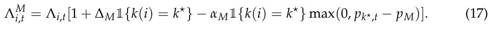 ΛM i,t = Λi,t[1 + ∆M1{k(i) = k⋆} −αM1{k(i) = k⋆} max(0, pk⋆,t −pM)]. (17)