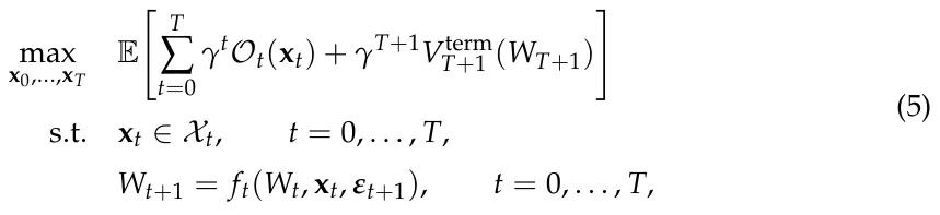 max x0,...,xT E " T ∑ t=0 γtOt(xt) + γT+1Vterm T+1 (WT+1) # s.t. xt ∈Xt, t = 0, . . . , T, Wt+1 = ft(Wt, xt, εt+1), t = 0, . . . , T, (5)
