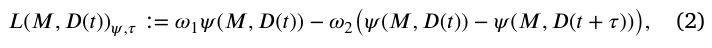 𝐿(𝑀, 𝐷(𝑡))𝜓,𝜏∶= 𝜔1𝜓(𝑀, 𝐷(𝑡)) −𝜔2 (𝜓(𝑀, 𝐷(𝑡)) −𝜓(𝑀, 𝐷(𝑡+ 𝜏))), (2)