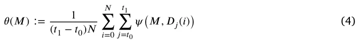 𝜃(𝑀) ∶= 1 (𝑡1 −𝑡0)𝑁 𝑁 ∑ 𝑖=0 𝑡1 ∑ 𝑗=𝑡0 𝜓(𝑀, 𝐷𝑗(𝑖)) (4)