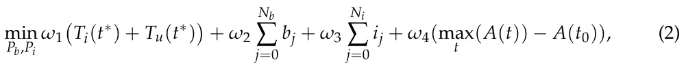 min Pb,Pi ω1 Ti(t∗) + Tu(t∗) + ω2 Nb ∑ j=0 bj + ω3 Ni ∑ j=0 ij + ω4(max t (A(t)) −A(t0)), (2)