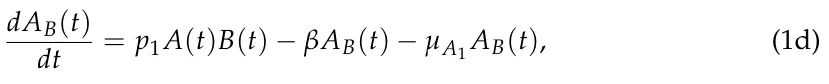 dAB(t) dt = p1A(t)B(t) −βAB(t) −µA1 AB(t), (1d)