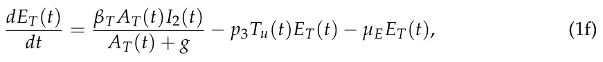 dET(t) dt = βTAT(t)I2(t) AT(t) + g −p3Tu(t)ET(t) −µEET(t), (1f)
