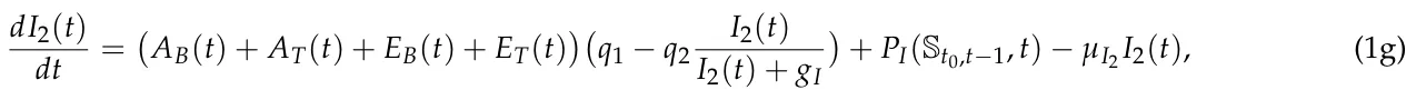 dI2(t) dt = AB(t) + AT(t) + EB(t) + ET(t) q1 −q2 I2(t) I2(t) + gI + PI(St0,t−1, t) −µI2 I2(t), (1g)