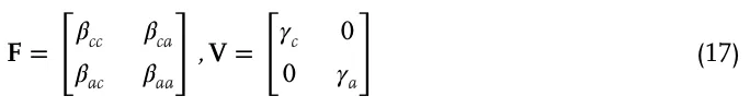 F = 𝛽cc 𝛽ca 𝛽ac 𝛽aa , V = 𝛾c 0 0 𝛾a (17)