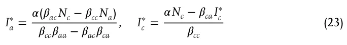 I∗ a = 𝛼(𝛽acNc −𝛽ccNa) 𝛽cc𝛽aa −𝛽ac𝛽ca , I∗ c = 𝛼Nc −𝛽caI∗ c 𝛽cc (23)