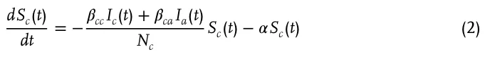 dSc(t) dt = −𝛽ccIc(t) + 𝛽caIa(t) Nc Sc(t) −𝛼Sc(t) (2)
