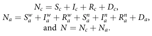 Nc = Sc + Ic + Rc + Dc, Na = Sw a + Iw a + Rw a + Sn a + In a + Rn a + Da, and N = Nc + Na.
