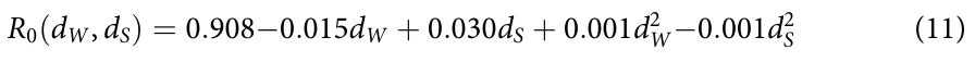 R0(dW, dS) = 0.908−0.015dW + 0.030dS + 0.001d2 W−0.001d2 S (11)